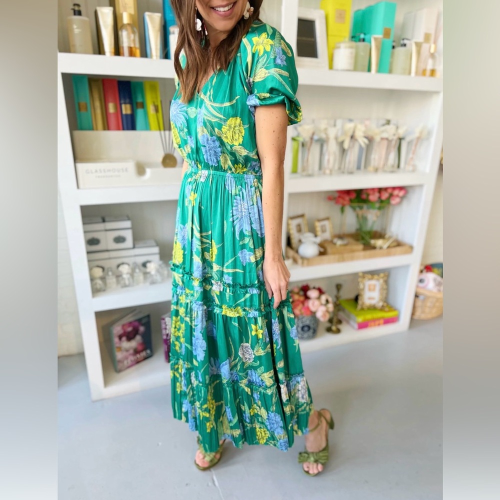 Current Air Green Floral Midi Dress with Blue and Yellow Blooms